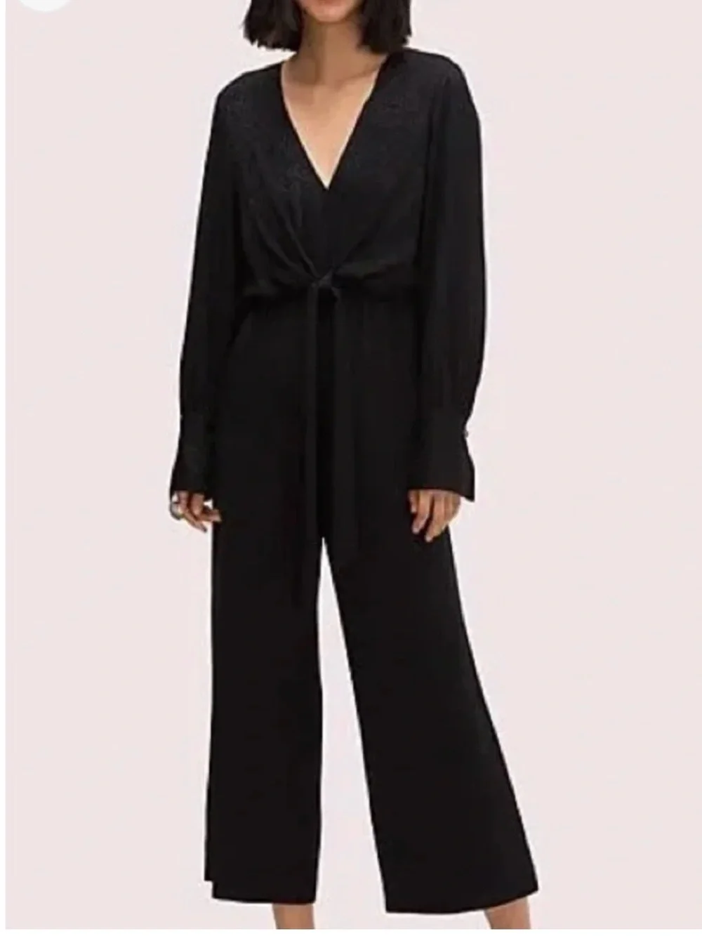 NWT kate spade Black Cropped Jumpsuit with Tie Waist tonal leopard pattern